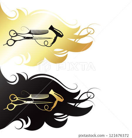 Black and gold hair curls scissors comb. Beauty salon symbol Black and gold hair curls scissors comb. Beauty salon symbol 121676372
