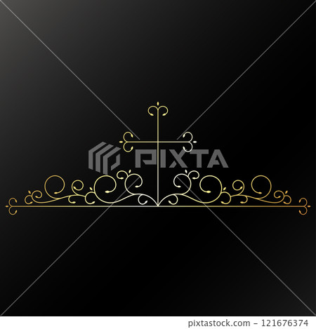 Cross and plant pattern, gold frame, Christian faith 121676374
