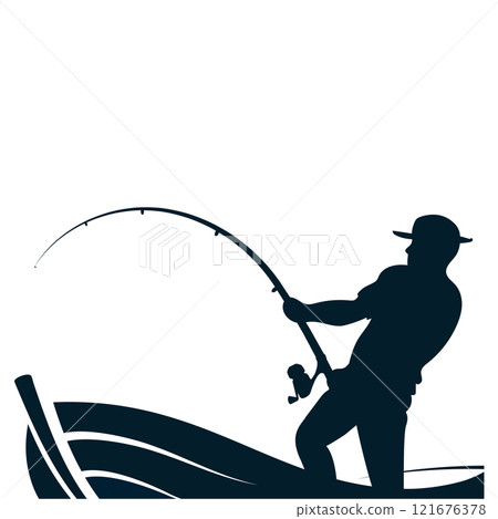 Silhouette of a fisherman with a fishing rod in a boat, a symbol for fishing 121676378