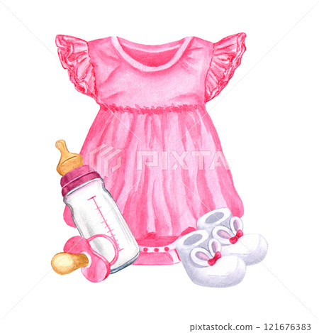 Pink newborn baby girl things, body dress, nipple pacifier, booties, milk bottle. For gender reveal party, baby shower. Hand drawn watercolor illustration on white background. For cards, invitation. 121676383