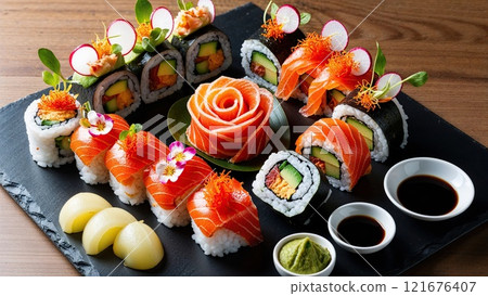 Assorted sushi rolls and nigiri on black slate plate Assorted sushi rolls and nigiri on black slate plate 121676407