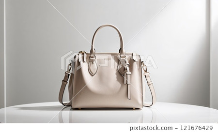 Elegant beige leather handbag on a white table 121676429