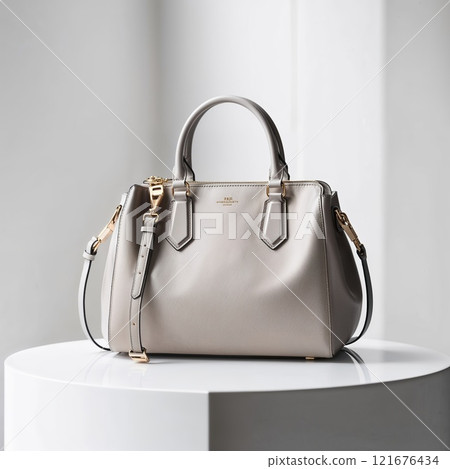 Elegant beige leather handbag on a white table Elegant beige leather handbag on a white table 121676434
