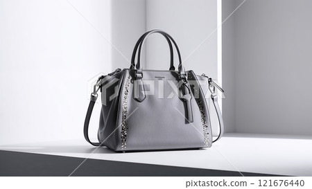 Elegant beige leather handbag on a white table 121676440