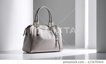 Elegant beige leather handbag on a white table 121676444