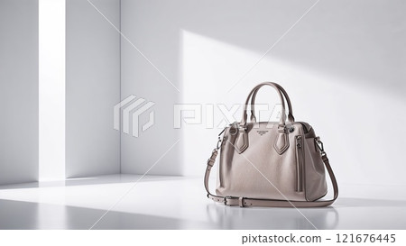 Elegant beige leather handbag on a white table 121676445