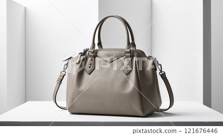 Elegant beige leather handbag on a white table 121676446