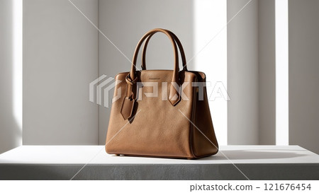 Elegant beige leather handbag on a white table 121676454