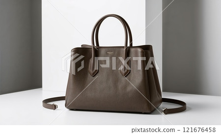 Elegant beige leather handbag on a white table 121676458