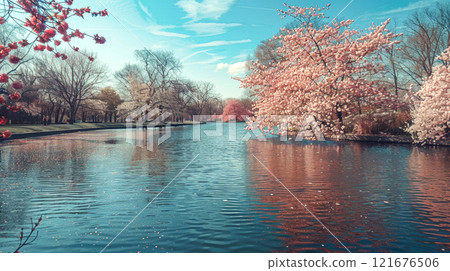Cherry blossom trees line the pond, creating a serene atmosphere as their petals float gently on the water under a bright blue sky Cherry blossom trees line the pond, creating a serene atmosphere as their petals float gently on the water under a bright blue sky 121676506