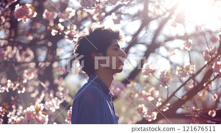 A young man enjoys a peaceful moment surrounded by blooming cherry blossoms on a sunny spring afternoon, lost in thought and tranquility A young man enjoys a peaceful moment surrounded by blooming cherry blossoms on a sunny spring afternoon, lost in thought and tranquility 121676511