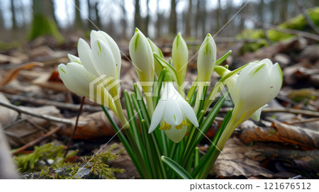 In a tranquil forest setting, clusters of delicate white flowers emerge from the ground, surrounded by dry leaves, signaling the arrival of spring In a tranquil forest setting, clusters of delicate white flowers emerge from the ground, surrounded by dry leaves, signaling the arrival of spring 121676512