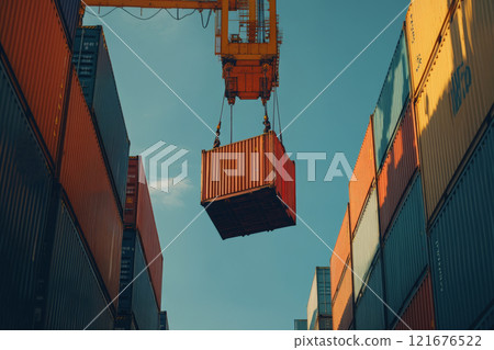 Industrial crane operates at port, lifting vibrant cargo containers for efficient loading onto a container ship amidst bustling maritime activity Industrial crane operates at port, lifting vibrant cargo containers for efficient loading onto a container ship amidst bustling maritime activity 121676522