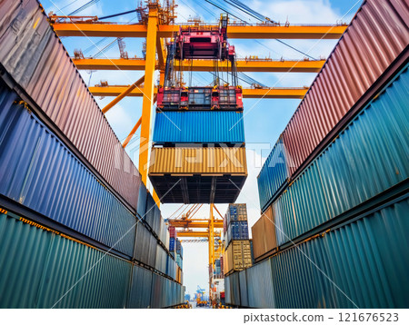 Industrial crane transfers cargo containers onto a freight ship in a shipping port, supporting import and export activities efficiently Industrial crane transfers cargo containers onto a freight ship in a shipping port, supporting import and export activities efficiently 121676523