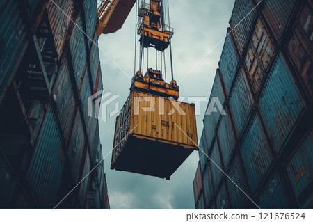 Industrial crane transports cargo containers at the port, serving the import and export logistics of freight shipping 121676524