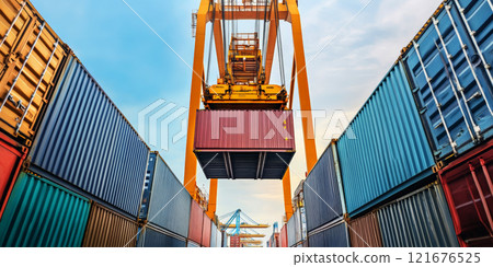 Industrial crane lifts cargo containers at port, facilitating import and export operations during daytime activities 121676525