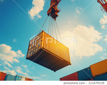 Crane hoists a yellow cargo container at a bustling port, supporting import and export logistics under a bright sky 121676526