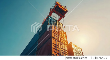 Industrial crane maneuvers to lift cargo containers at the port, facilitating loading onto a cargo vessel for global trade 121676527