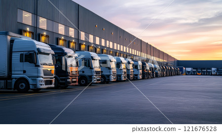 Rows of trucks are parked in a lot outside a modern warehouse as the sun sets, ready for loading and transporting goods Rows of trucks are parked in a lot outside a modern warehouse as the sun sets, ready for loading and transporting goods 121676528