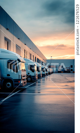 A row of trucks sit parked in front of a modern warehouse against a colorful evening sky, ready for cargo transport 121676529