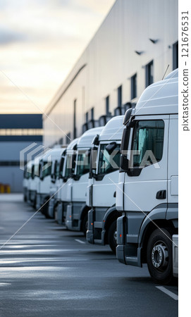 Trucks are parked neatly in a row outside a contemporary warehouse, ready for loading and transporting goods for local businesses Trucks are parked neatly in a row outside a contemporary warehouse, ready for loading and transporting goods for local businesses 121676531