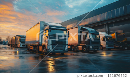 Several trucks are lined up in a parking lot outside a contemporary warehouse, ready for cargo transport as the sun sets Several trucks are lined up in a parking lot outside a contemporary warehouse, ready for cargo transport as the sun sets 121676532