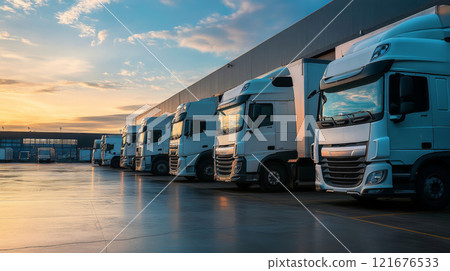 A line of trucks is parked outside a contemporary warehouse, ready for loading and transport during the evening hours 121676533