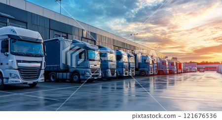 A row of trucks is parked in front of a modern warehouse, showcasing cargo trailers prepared for transporting goods at twilight 121676536