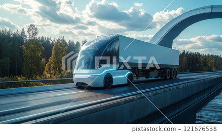 Futuristic truck equipped with artificial intelligence travels on a high-tech bridge, showcasing the future of cargo transportation 121676538