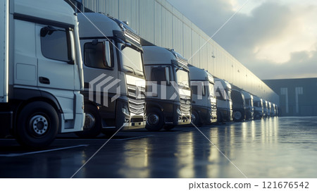 Trucks are lined up in a parking lot at a commercial factory, with a modern warehouse serving as the backdrop on an overcast day 121676542