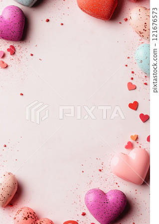 Romantic Valentine's day heart decoration frame on light background with empty space for text 121676573