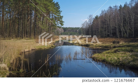A tranquil river meanders through a lush forest with tall trees and vibrant grass under a clear blue sky, inviting relaxation and reflection 121676667