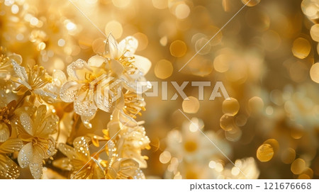 Delicate golden flowers are adorned with shimmering dew drops, capturing the soft light and creating a tranquil atmosphere in a lush garden during the spring season 121676668
