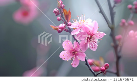 Delicate pink cherry blossoms open in a tranquil garden, signaling the arrival of spring and attracting glimpses of visitors enjoying the season's beauty 121676671