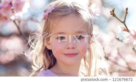 A young girl with long blonde hair smiles while standing among vibrant pink cherry blossoms on a sunny spring day. The sunlight enhances the joyful atmosphere 121676672