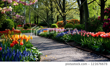 A colorful pathway meanders through a tulip garden in spring, adorned with various flowers and surrounded by lush green trees under a clear sky 121676678