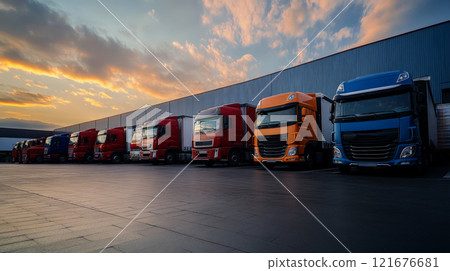 A row of brightly colored trucks is parked in front of a modern warehouse as the sun sets in a commercial district 121676681