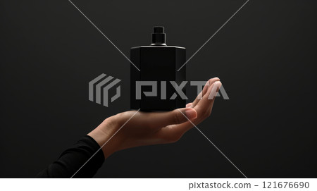 A hand gracefully holds a black bottle of fragrance against a muted dark background, emphasizing simplicity and elegance in design 121676690