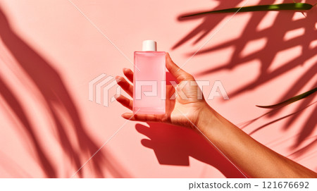 A hand presents a clear pink bottle in an artistic display against a soft pink backdrop. Shadows from nearby leaves create an intriguing visual effect A hand presents a clear pink bottle in an artistic display against a soft pink backdrop. Shadows from nearby leaves create an intriguing visual effect 121676692