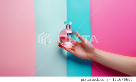 A delicate glass perfume bottle is gently held by a hand, set against a colorful pastel backdrop featuring pink and turquoise stripes, creating a stylish composition 121676695