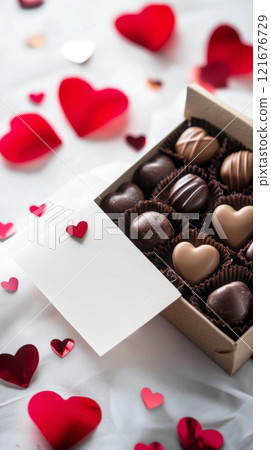 A realistic image of a Valentine's Day gift box, with chocolates, a love note, and rose petals, arranged on a white tablecloth adorned with heart-shaped confetti for a festive touch A realistic image of a Valentine's Day gift box, with chocolates, a love note, and rose petals, arranged on a white tablecloth adorned with heart-shaped confetti for a festive touch 121676729