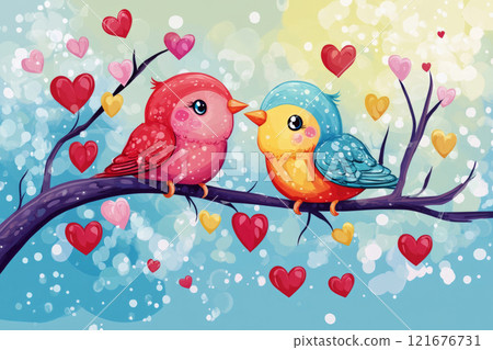 A charming Valentine's Day postcard with two lovebirds perched on a tree branch, surrounded by hearts, evoking feelings of love and togetherness A charming Valentine's Day postcard with two lovebirds perched on a tree branch, surrounded by hearts, evoking feelings of love and togetherness 121676731