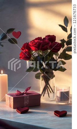 A charming and festive Valentine's Day table setup with fresh red roses in a vase, soft candlelight, and a beautifully wrapped gift box, exuding love and thoughtfulness A charming and festive Valentine's Day table setup with fresh red roses in a vase, soft candlelight, and a beautifully wrapped gift box, exuding love and thoughtfulness 121676733