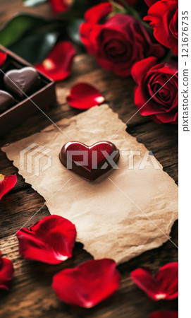 A heartfelt Valentine's Day postcard with a handwritten love note surrounded by rose petals and a heart-shaped chocolate box, evoking warmth and sentiment, banner A heartfelt Valentine's Day postcard with a handwritten love note surrounded by rose petals and a heart-shaped chocolate box, evoking warmth and sentiment, banner 121676735