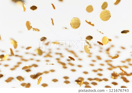 Shimmering golden confetti floats gracefully in the air against a pristine white background, creating a festive and elegant scene. The glimmering particles dance, capturing the light beautifully Shimmering golden confetti floats gracefully in the air against a pristine white background, creating a festive and elegant scene. The glimmering particles dance, capturing the light beautifully 121676743