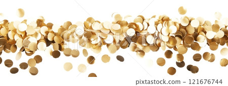 Golden confetti, suspended in mid-air against a crisp white background, creates a scene of celebration. The floating, shimmering particles reflect light, enhancing the festive mood, banner Golden confetti, suspended in mid-air against a crisp white background, creates a scene of celebration. The floating, shimmering particles reflect light, enhancing the festive mood, banner 121676744