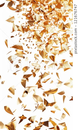 Against a white background, golden confetti twirls and floats in the air, adding a touch of celebration and sparkle. Each piece catches the light, creating a dazzling and joyful atmosphere Against a white background, golden confetti twirls and floats in the air, adding a touch of celebration and sparkle. Each piece catches the light, creating a dazzling and joyful atmosphere 121676747
