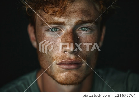 A photo portrait in candid realism portrays a guy with distinctive freckles on his face, highlighting his natural beauty and character in a sincere and unpretentious style 121676764