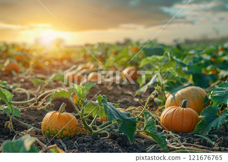 A plantation teems with big pumpkins, each one swelling to impressive sizes amidst lush foliage, signaling a season of rich, plentiful harvest 121676765