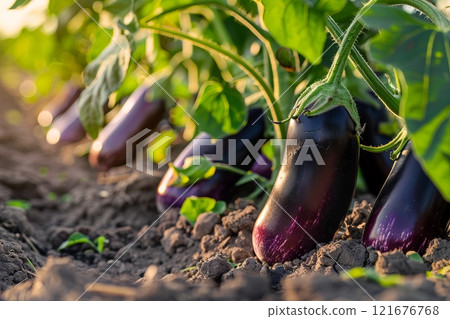 On the thriving plantation, eggplants grow in abundance, their glossy, maturing fruits nestled in lush greenery showcasing the promise of a plentiful and vibrant harvest On the thriving plantation, eggplants grow in abundance, their glossy, maturing fruits nestled in lush greenery showcasing the promise of a plentiful and vibrant harvest 121676768